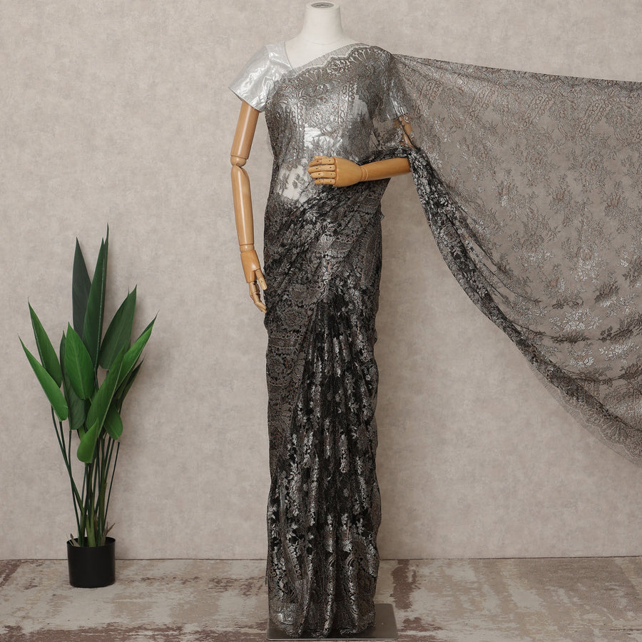 Charcoal Premium French Metallic Chantilly Lace Saree Fabric – 5.5 Meters Length, 110 Cms Width, Imported from France-D25715
