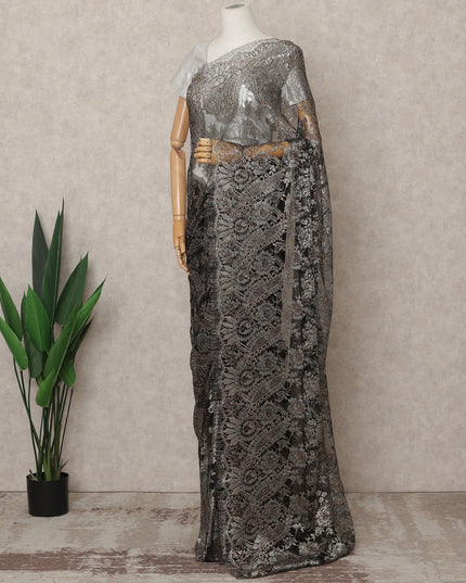 Charcoal Premium French Metallic Chantilly Lace Saree Fabric – 5.5 Meters Length, 110 Cms Width, Imported from France-D25715
