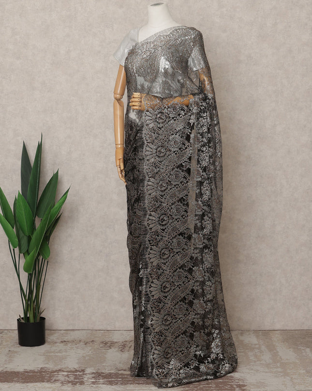 Charcoal Premium French Metallic Chantilly Lace Saree Fabric – 5.5 Meters Length, 110 Cms Width, Imported from France-D25715