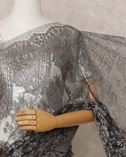 Charcoal Premium French Metallic Chantilly Lace Saree Fabric – 5.5 Meters Length, 110 Cms Width, Imported from France-D25715