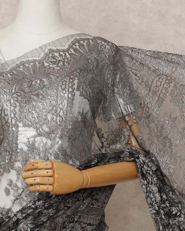 Charcoal Premium French Metallic Chantilly Lace Saree Fabric – 5.5 Meters Length, 110 Cms Width, Imported from France-D25715