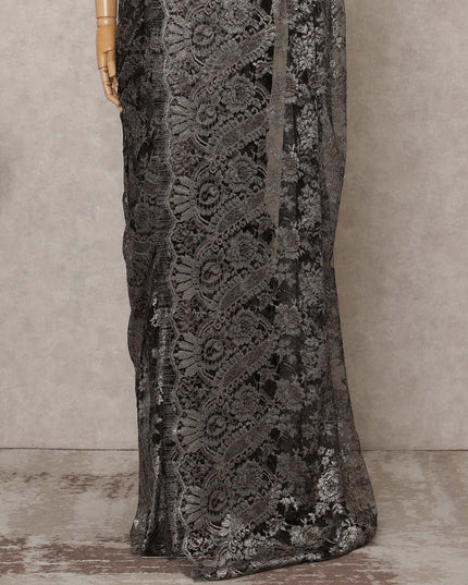 Charcoal Premium French Metallic Chantilly Lace Saree Fabric – 5.5 Meters Length, 110 Cms Width, Imported from France-D25715