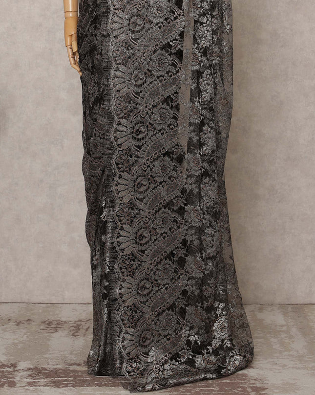 Charcoal Premium French Metallic Chantilly Lace Saree Fabric – 5.5 Meters Length, 110 Cms Width, Imported from France-D25715