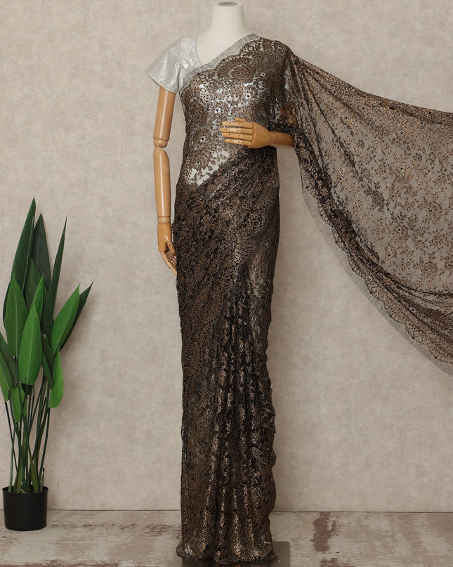 Antique Black Gold Premium French 2 Tone Chantilly Saree Lace With Stone Work Fabric 5.5 Meters Length 110 Cms Width Imported From France Elegant Designer Lace Blouse Not Included-D27373