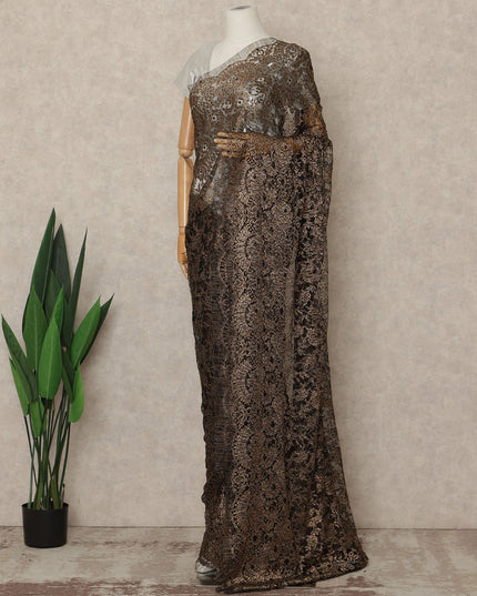 Antique Black Gold Premium French 2 Tone Chantilly Saree Lace With Stone Work Fabric 5.5 Meters Length 110 Cms Width Imported From France Elegant Designer Lace Blouse Not Included-D27373