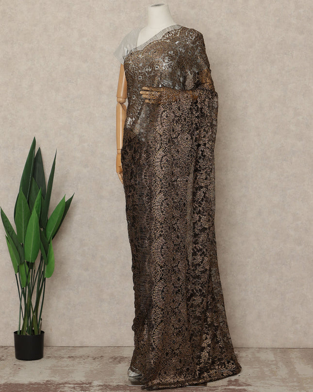 Antique Black Gold Premium French 2 Tone Chantilly Saree Lace With Stone Work Fabric 5.5 Meters Length 110 Cms Width Imported From France Elegant Designer Lace Blouse Not Included-D27373