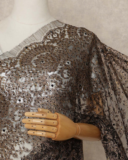 Antique Black Gold Premium French 2 Tone Chantilly Saree Lace With Stone Work Fabric 5.5 Meters Length 110 Cms Width Imported From France Elegant Designer Lace Blouse Not Included-D27373