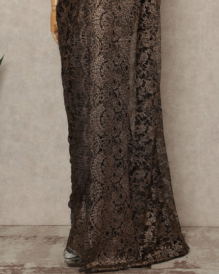 Antique Black Gold Premium French 2 Tone Chantilly Saree Lace With Stone Work Fabric 5.5 Meters Length 110 Cms Width Imported From France Elegant Designer Lace Blouse Not Included-D27373