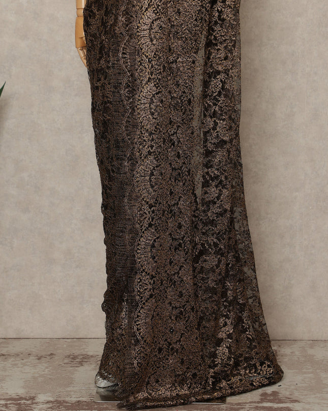 Antique Black Gold Premium French 2 Tone Chantilly Saree Lace With Stone Work Fabric 5.5 Meters Length 110 Cms Width Imported From France Elegant Designer Lace Blouse Not Included-D27373