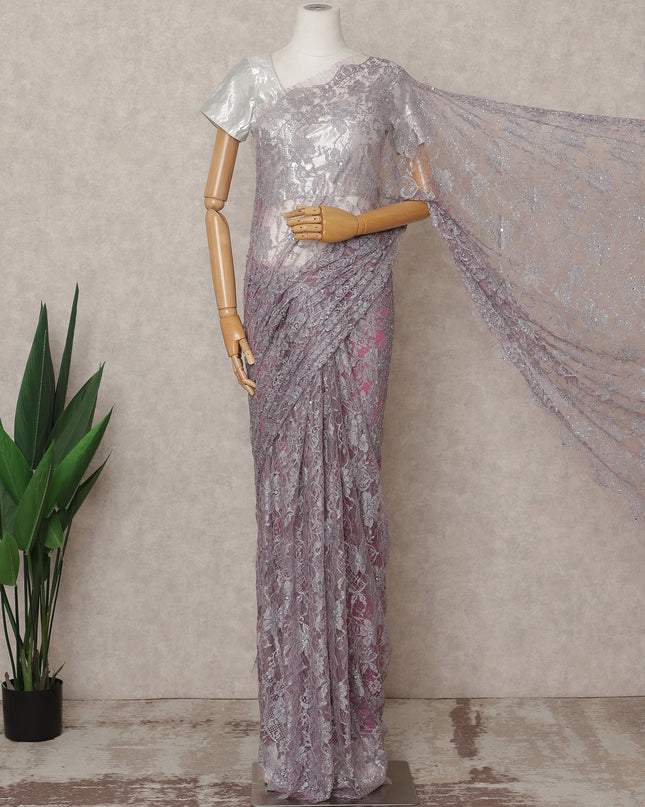 Lavender Premium French 2-Tone Chantilly Lace Saree with Stone Work, Width 110 Cms, Length 5.5 Mtrs, Imported from France-D25674