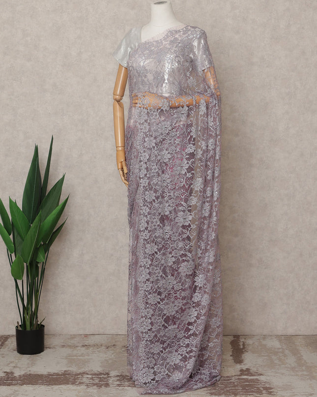 Lavender Premium French 2-Tone Chantilly Lace Saree with Stone Work, Width 110 Cms, Length 5.5 Mtrs, Imported from France-D25674