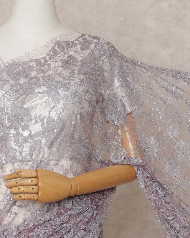 Lavender Premium French 2-Tone Chantilly Lace Saree with Stone Work, Width 110 Cms, Length 5.5 Mtrs, Imported from France-D25674