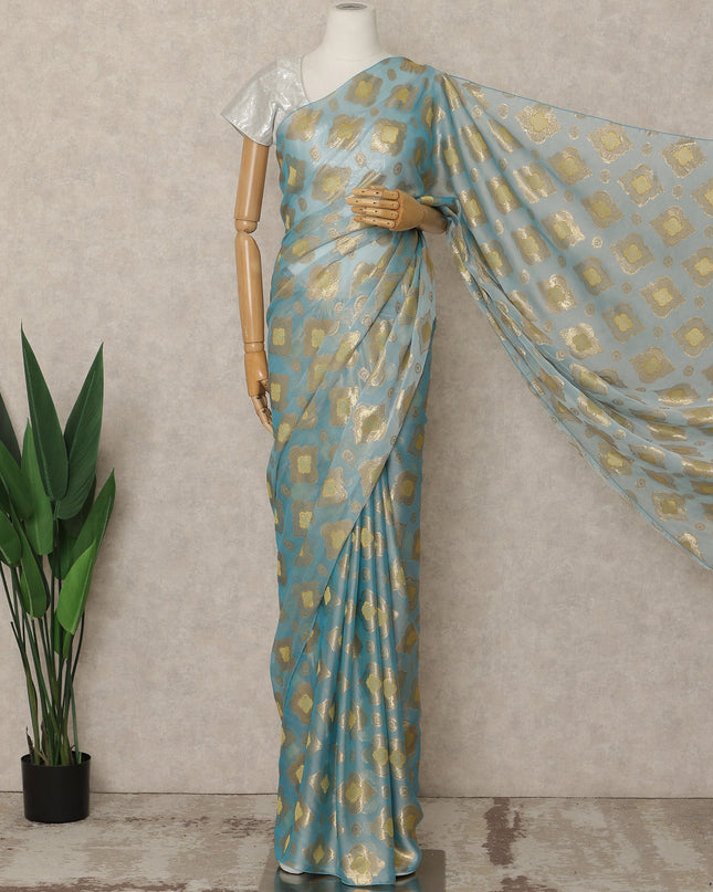 Powder Blue Premium French Silk Chiffon Saree With Gold Woven Geometric Motifs 5.5 Mtrs Length 110 Cms Width Lightweight Elegant Fabric From France Blouse Not Included-D27233