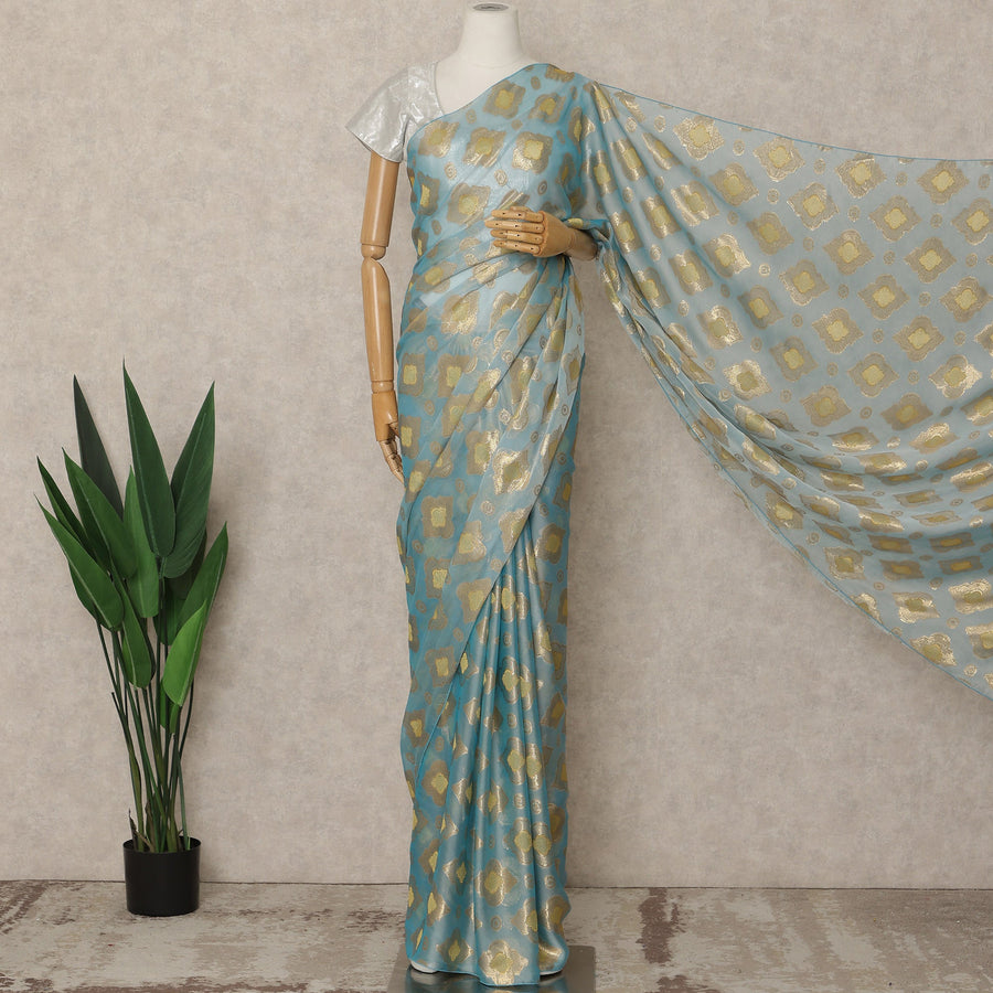 Powder Blue Premium French Silk Chiffon Saree With Gold Woven Geometric Motifs 5.5 Mtrs Length 110 Cms Width Lightweight Elegant Fabric From France Blouse Not Included-D27233