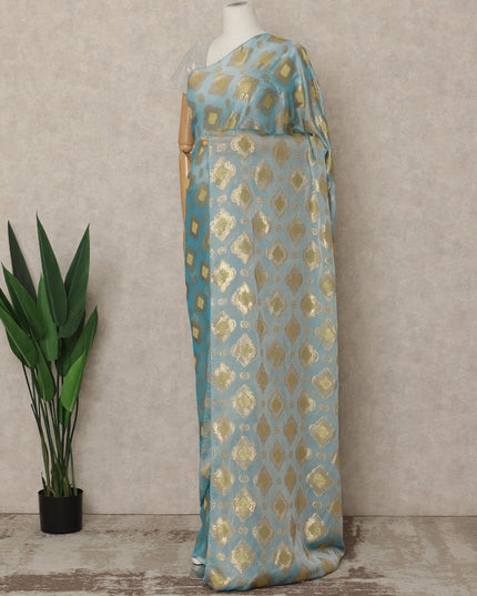 Powder Blue Premium French Silk Chiffon Saree With Gold Woven Geometric Motifs 5.5 Mtrs Length 110 Cms Width Lightweight Elegant Fabric From France Blouse Not Included-D27233