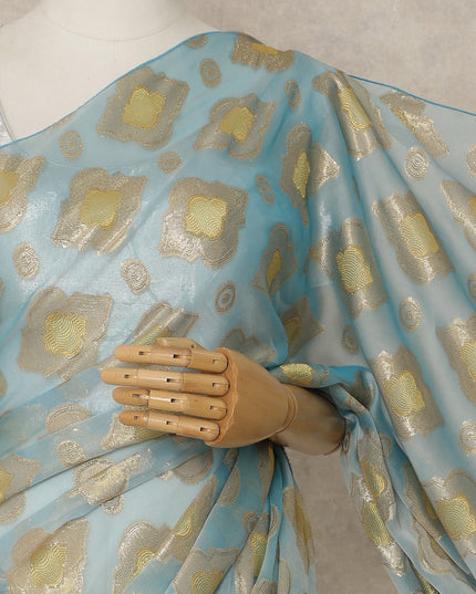 Powder Blue Premium French Silk Chiffon Saree With Gold Woven Geometric Motifs 5.5 Mtrs Length 110 Cms Width Lightweight Elegant Fabric From France Blouse Not Included-D27233