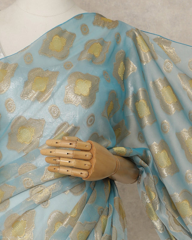 Powder Blue Premium French Silk Chiffon Saree With Gold Woven Geometric Motifs 5.5 Mtrs Length 110 Cms Width Lightweight Elegant Fabric From France Blouse Not Included-D27233