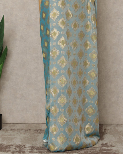 Powder Blue Premium French Silk Chiffon Saree With Gold Woven Geometric Motifs 5.5 Mtrs Length 110 Cms Width Lightweight Elegant Fabric From France Blouse Not Included-D27233