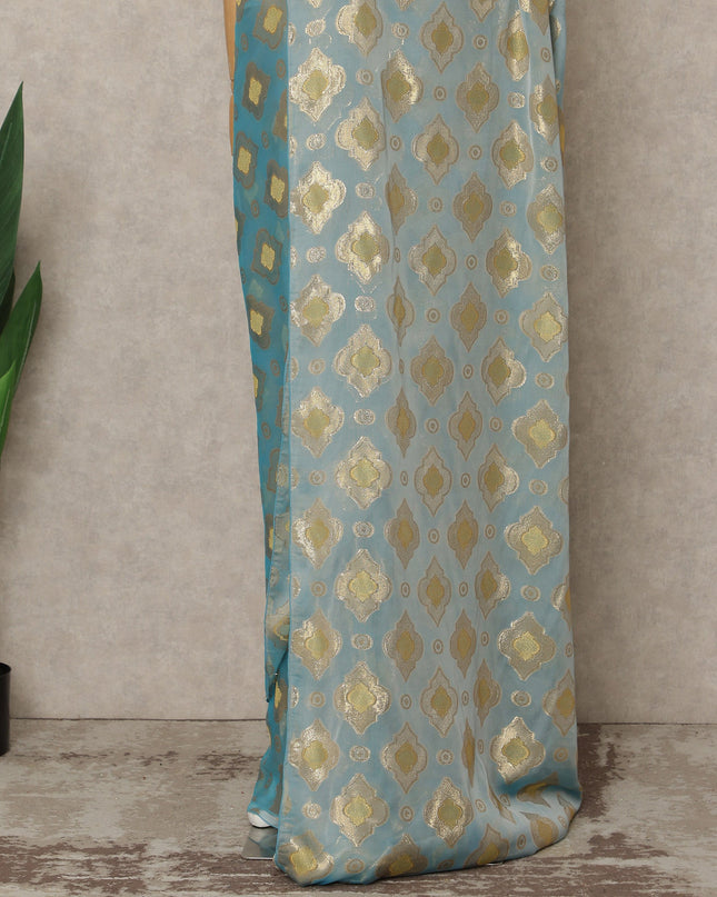 Powder Blue Premium French Silk Chiffon Saree With Gold Woven Geometric Motifs 5.5 Mtrs Length 110 Cms Width Lightweight Elegant Fabric From France Blouse Not Included-D27233
