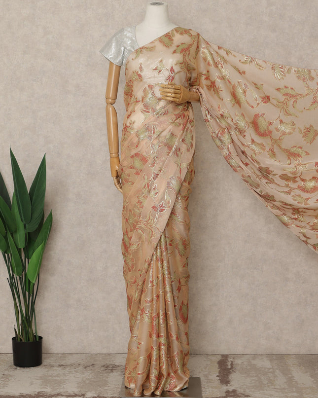 Peach Premium French Silk Chiffon Saree With Gold Floral Woven Design 5.5 Mtrs Length 110 Cms Width, Made in France and  Blouse Not Included-D27221 - Regal Fabrics