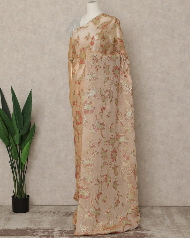 Peach Premium French Silk Chiffon Saree With Gold Floral Woven Design 5.5 Mtrs Length 110 Cms Width, Made in France and  Blouse Not Included-D27221 - Regal Fabrics
