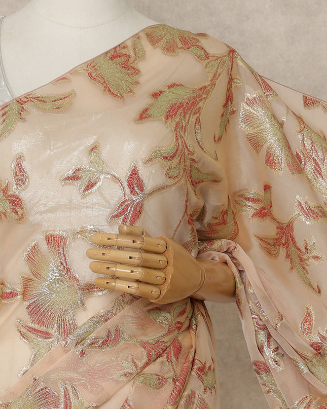 Peach Premium French Silk Chiffon Saree With Gold Floral Woven Design 5.5 Mtrs Length 110 Cms Width, Made in France and  Blouse Not Included-D27221 - Regal Fabrics