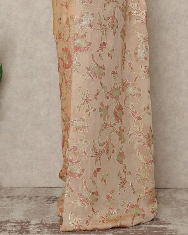 Peach Premium French Silk Chiffon Saree With Gold Floral Woven Design 5.5 Mtrs Length 110 Cms Width, Made in France and  Blouse Not Included-D27221 - Regal Fabrics