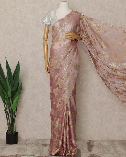 Dusty Rose Premium French Silk Chiffon Saree With Gold Floral Woven Design 5.5 Mtrs Length 110 Cms Width, Made in France and  Blouse Not Included-D27222