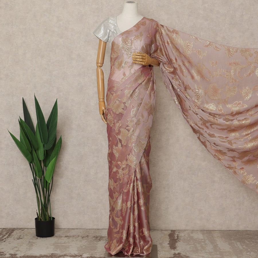 Dusty Rose Premium French Silk Chiffon Saree With Gold Floral Woven Design 5.5 Mtrs Length 110 Cms Width, Made in France and  Blouse Not Included-D27222