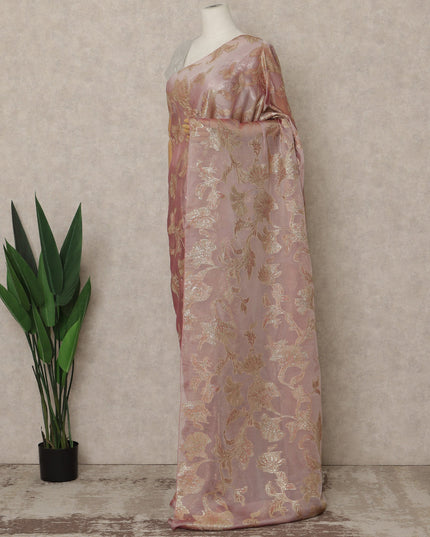Dusty Rose Premium French Silk Chiffon Saree With Gold Floral Woven Design 5.5 Mtrs Length 110 Cms Width, Made in France and  Blouse Not Included-D27222