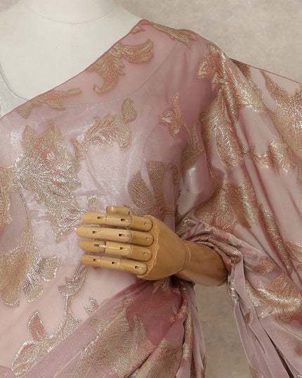 Dusty Rose Premium French Silk Chiffon Saree With Gold Floral Woven Design 5.5 Mtrs Length 110 Cms Width, Made in France and  Blouse Not Included-D27222