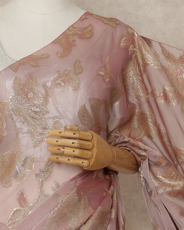 Dusty Rose Premium French Silk Chiffon Saree With Gold Floral Woven Design 5.5 Mtrs Length 110 Cms Width, Made in France and  Blouse Not Included-D27222