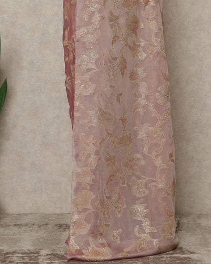 Dusty Rose Premium French Silk Chiffon Saree With Gold Floral Woven Design 5.5 Mtrs Length 110 Cms Width, Made in France and  Blouse Not Included-D27222
