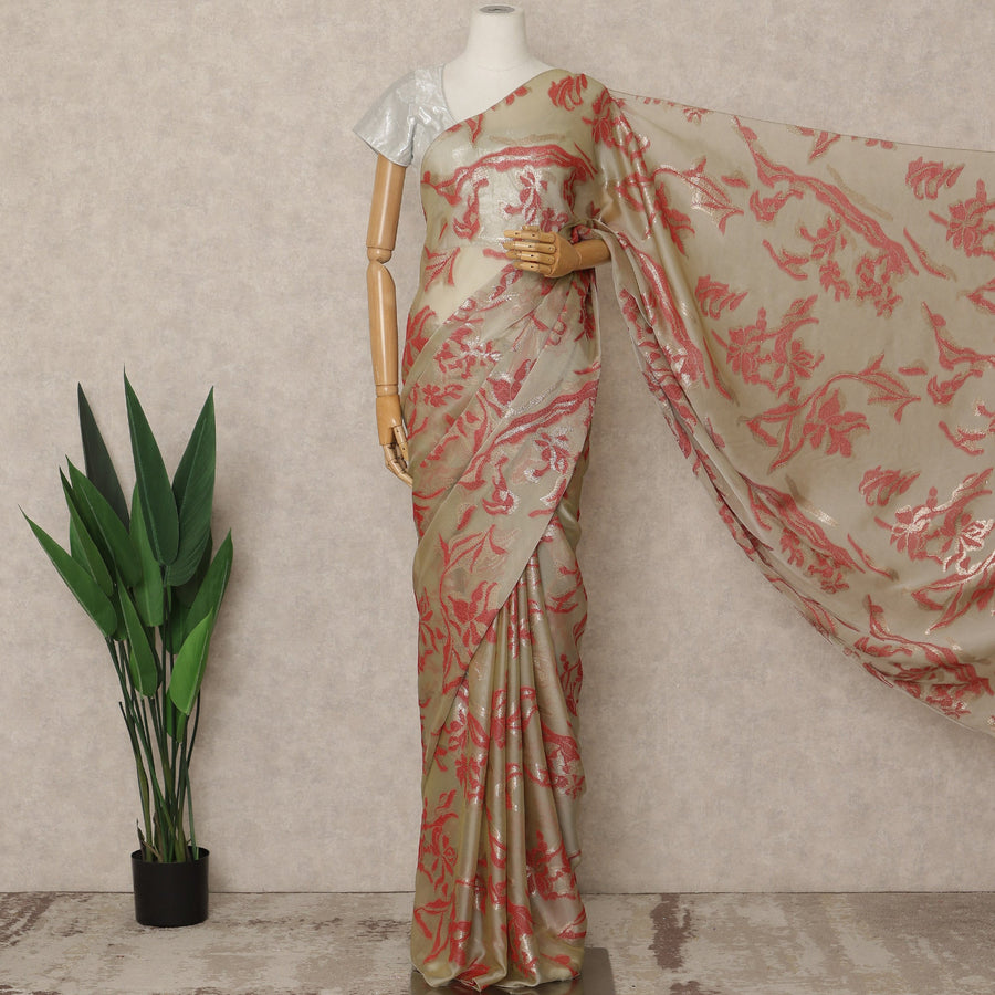 Beige Premium French Silk Chiffon Saree With Coral Floral Woven Design 5.5 Mtrs Length 110 Cms Width, Made in France and  Blouse Not Included-D27216