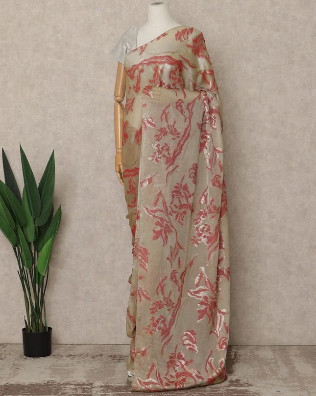 Beige Premium French Silk Chiffon Saree With Coral Floral Woven Design 5.5 Mtrs Length 110 Cms Width, Made in France and  Blouse Not Included-D27216