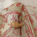 Beige Premium French Silk Chiffon Saree With Coral Floral Woven Design 5.5 Mtrs Length 110 Cms Width, Made in France and  Blouse Not Included-D27216