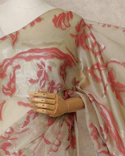 Beige Premium French Silk Chiffon Saree With Coral Floral Woven Design 5.5 Mtrs Length 110 Cms Width, Made in France and  Blouse Not Included-D27216