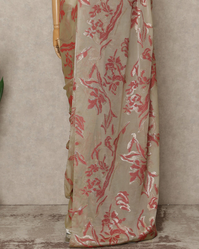 Beige Premium French Silk Chiffon Saree With Coral Floral Woven Design 5.5 Mtrs Length 110 Cms Width, Made in France and  Blouse Not Included-D27216