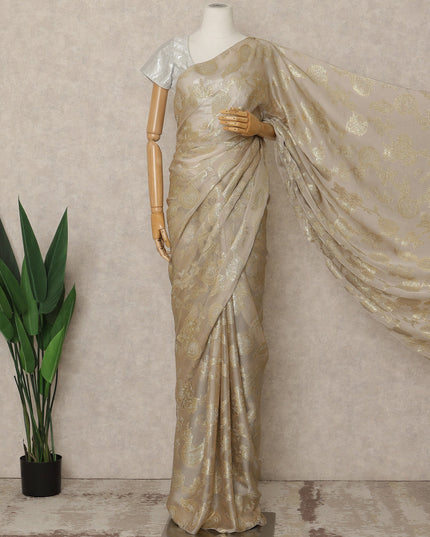 Champagne Beige Premium French Silk Chiffon Saree With Gold Floral Woven Design 5.5 Mtrs Length 110 Cms Width, Made in France and  Blouse Not Included-D27223
