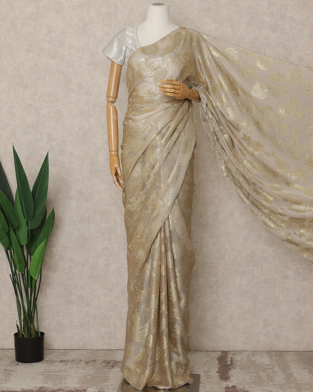 Champagne Beige Premium French Silk Chiffon Saree With Gold Floral Woven Design 5.5 Mtrs Length 110 Cms Width, Made in France and  Blouse Not Included-D27223