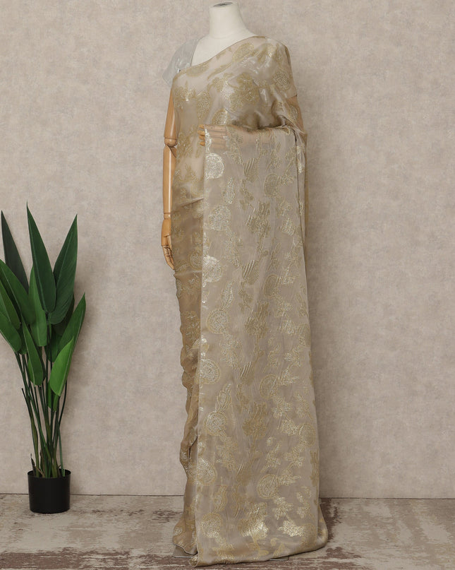 Champagne Beige Premium French Silk Chiffon Saree With Gold Floral Woven Design 5.5 Mtrs Length 110 Cms Width, Made in France and  Blouse Not Included-D27223