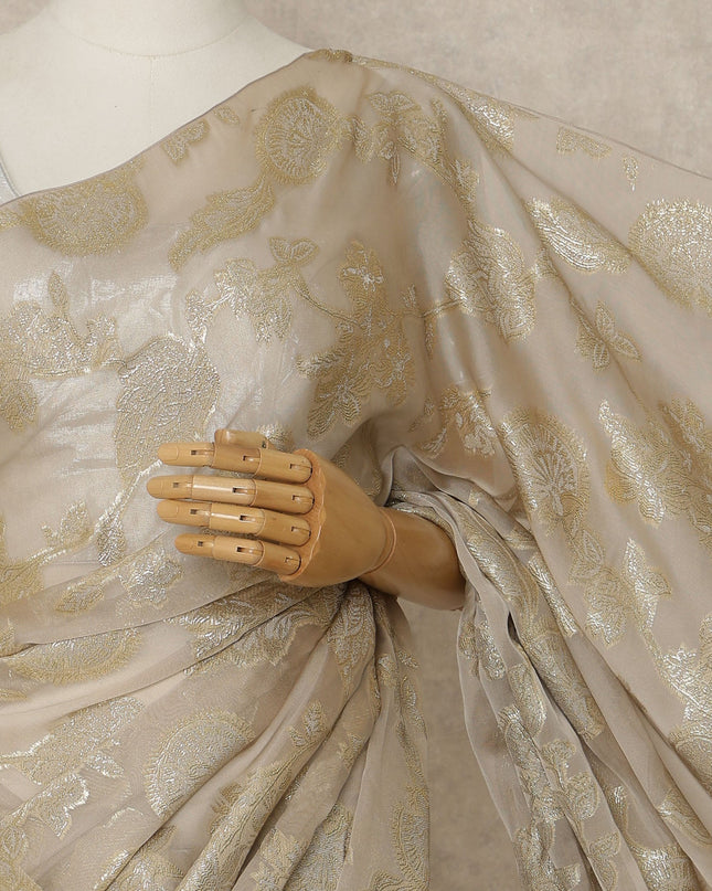 Champagne Beige Premium French Silk Chiffon Saree With Gold Floral Woven Design 5.5 Mtrs Length 110 Cms Width, Made in France and  Blouse Not Included-D27223