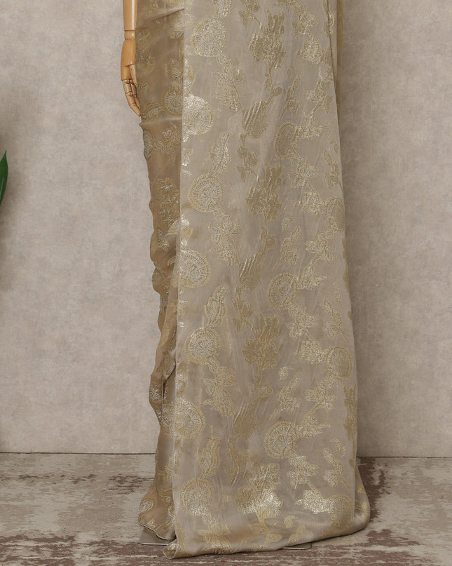 Champagne Beige Premium French Silk Chiffon Saree With Gold Floral Woven Design 5.5 Mtrs Length 110 Cms Width, Made in France and  Blouse Not Included-D27223
