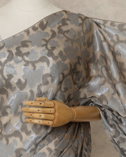 Taupe Grey Premium French Silk Chiffon Saree With Silver Woven Motif 5.5 Mtrs Length 110 Cms Width, Made in France and  Blouse Not Included-D27220