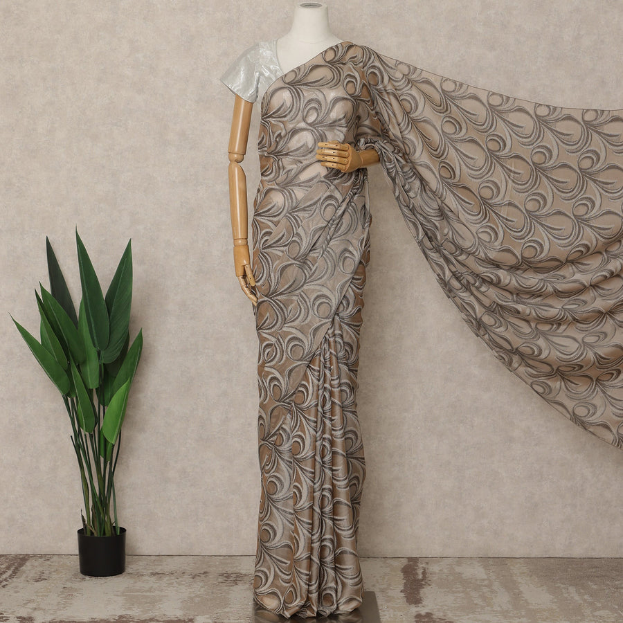 Taupe Beige Premium French Silk Chiffon Saree With Woven Abstract Pattern 5.5 Mtrs Length 110 Cms Width, Made in France and  Blouse Not Included-D27215