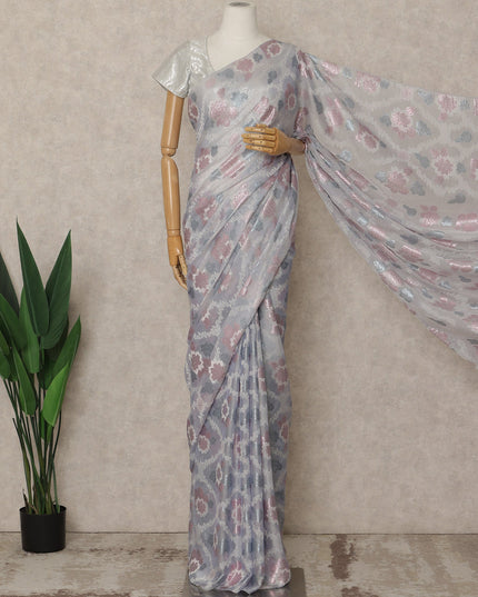 Light Grey Premium French Silk Chiffon Saree With Pink And Silver Floral Woven Design 5.5 Mtrs Length 110 Cms Width, Made in France and  Blouse Not Included-D27224