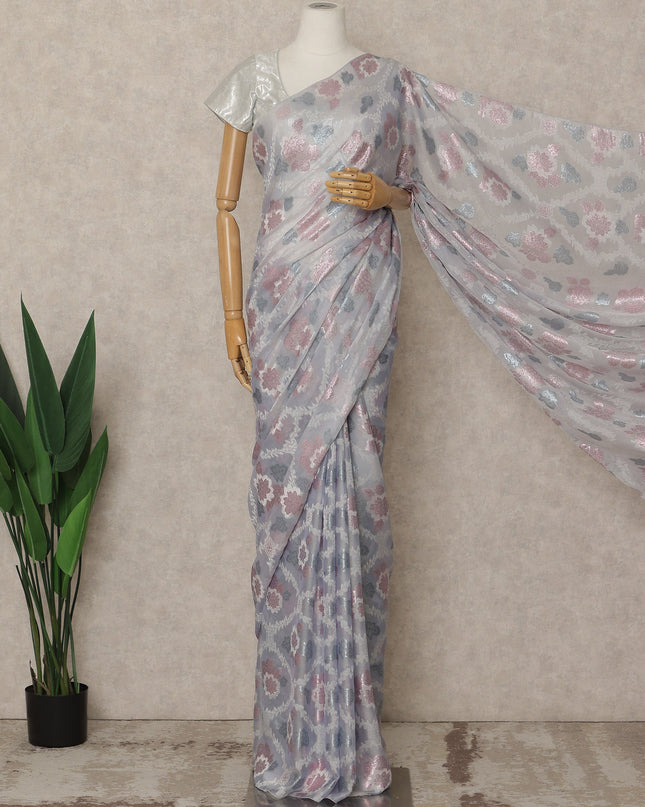Light Grey Premium French Silk Chiffon Saree With Pink And Silver Floral Woven Design 5.5 Mtrs Length 110 Cms Width, Made in France and  Blouse Not Included-D27224