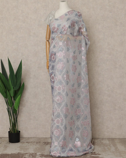 Light Grey Premium French Silk Chiffon Saree With Pink And Silver Floral Woven Design 5.5 Mtrs Length 110 Cms Width, Made in France and  Blouse Not Included-D27224