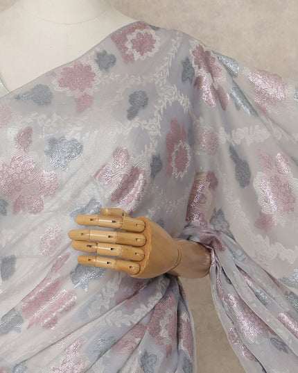 Light Grey Premium French Silk Chiffon Saree With Pink And Silver Floral Woven Design 5.5 Mtrs Length 110 Cms Width, Made in France and  Blouse Not Included-D27224
