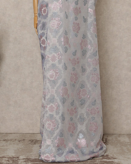 Light Grey Premium French Silk Chiffon Saree With Pink And Silver Floral Woven Design 5.5 Mtrs Length 110 Cms Width, Made in France and  Blouse Not Included-D27224